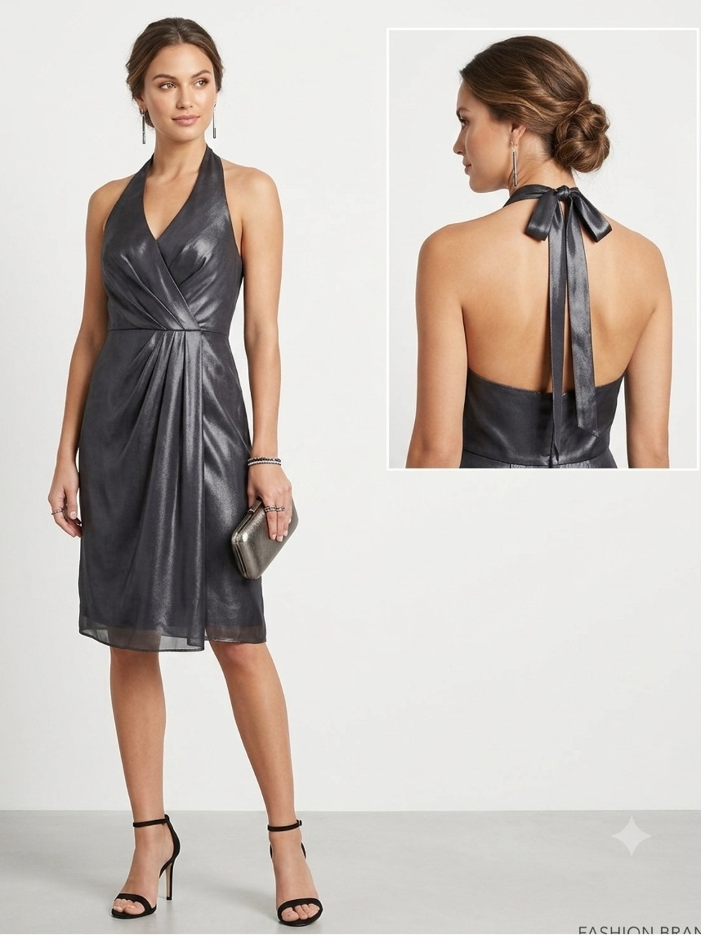 Vera Wang Satin Chiffon Halter V Neck Cocktail Dress Size 6 Navy Metallic